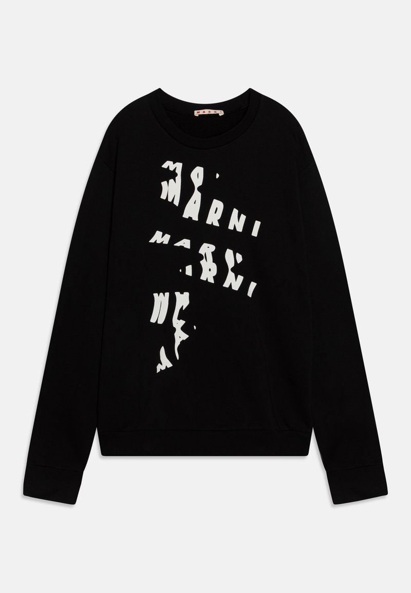 Black sweatshirt featuring distorted white text. Round neckline and long sleeves with ribbed cuffs; soft fabric texture. Casual design.