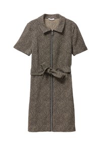 Robe à manches courtes en tissu à motif léopard beige et noir. Dotée d'une fermeture éclair sur le devant et d'une ceinture nouée à la taille. Fabriquée en tissu texturé.
