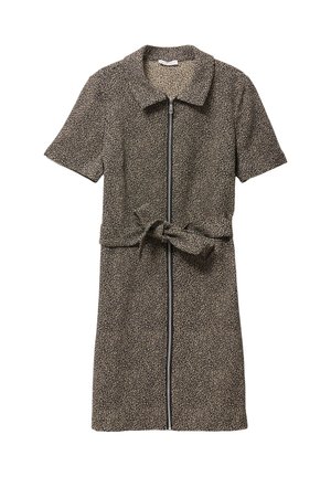 Korte mouwen jurk in een beige en zwarte luipaardprint. Voorzien van een rits aan de voorkant en een gestrikt riem op de taille. Gemaakt van gestructureerde stof.