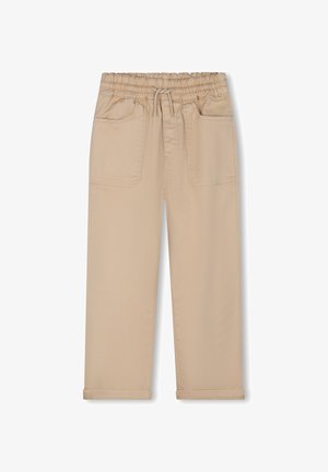 Pantalons beige avec une taille élastique, un cordon de serrage et deux poches avant. Le tissu est lisse avec un design ajusté et des ourlets retroussés.