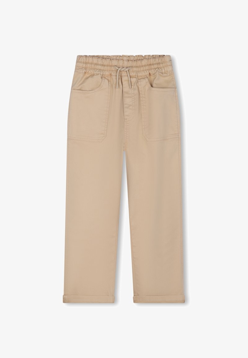 Pantalons beige avec une taille élastique, un cordon de serrage et deux poches avant. Le tissu est lisse avec un design ajusté et des ourlets retroussés.