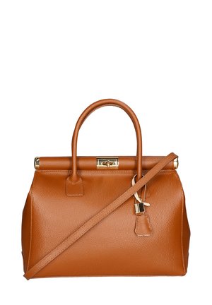 Borsa a tracolla in pelle marrone con finitura texturizzata, due manici rotondi, un cinturino staccabile e una chiusura a lucchetto in tonalità oro.