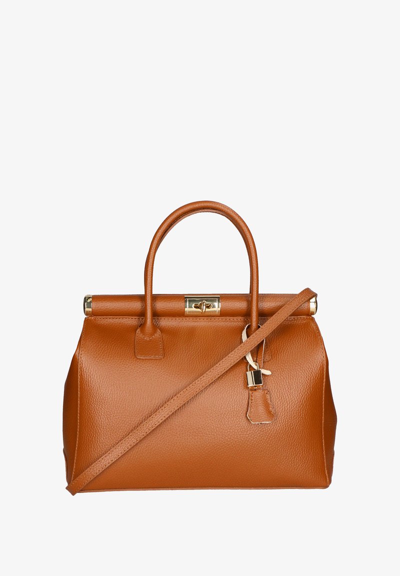 Borsa a tracolla in pelle marrone con finitura texturizzata, due manici rotondi, un cinturino staccabile e una chiusura a lucchetto in tonalità oro.