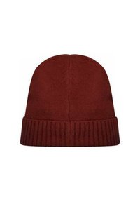 Bonnet tricoté bordeaux avec un revers côtelé, présenté sur un fond blanc.