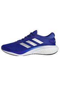 Blue athletic shoe with mesh upper, three silver stripes, cushioned white midsole, and textured black rubber outsole.