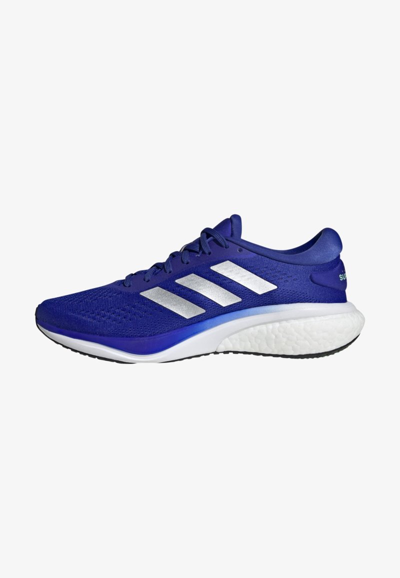 Blue athletic shoe with mesh upper, three silver stripes, cushioned white midsole, and textured black rubber outsole.