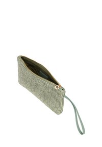 Käsin pidettävä vaaleanvihreä clutch-laukku, jossa on kultainen vetoketju, rannekeco ja sileä vuorauksella. Kompakti suorakulmainen muotoilu ilman näkyviä kuvioita.