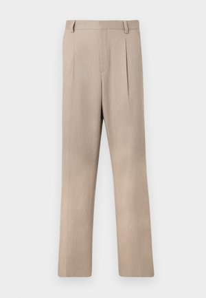 Pantalons taillés beiges clairs avec une coupe droite, présentant une texture lisse et des plis à l'avant pour une touche de détail.