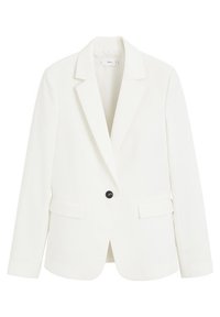 Blazer blanco con solapa con muesca, un solo botón negro, dos bolsillos frontales y una textura suave, diseñado para un ajuste entallado.