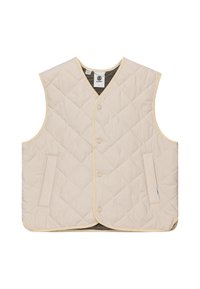 Gilet matelassé beige avec un col en V, doté de deux poches latérales et d'une bordure beige contrastante le long des bords et de la patte de boutonnage.