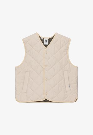Beige gewatteerde vest met een V-hals, voorzien van twee zijzakken en een contrasterende beige rand langs de randen en de knopenlijst.