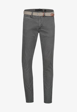 Pantaloni in denim grigio con vestibilità slim, dotati di una cintura intrecciata con un design a motivi e un accento in pelle. Texture usurata nelle cuciture.