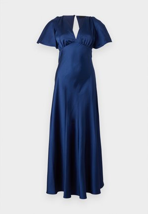 Abito in satin blu navy con maniche a soffietto corte, scollatura a V profonda e silhouette A-line fluida. Tessuto morbido con dettagli minimi.