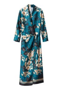 Teal bloemenbadjas met een wikkeldesign, voorzien van grote crèmekleurige en zwarte bloemen. Gemaakt van een gladde stof met een strikceintuur en contrasterende zwarte afwerking.