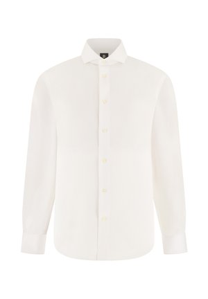 Chemise blanche à manches longues avec boutons, col pointu et devant uni, présentée sur un fond blanc.