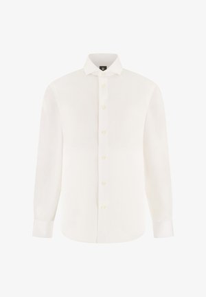 Witte blouse met lange mouwen, knoopsluiting, puntige kraag en effen voorkant, getoond tegen een witte achtergrond.