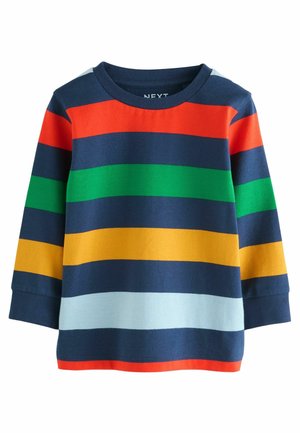 Chemise bleu marine à manches longues avec de larges rayures horizontales rouges, vertes, jaunes, bleu clair et orange à l'ourlet.