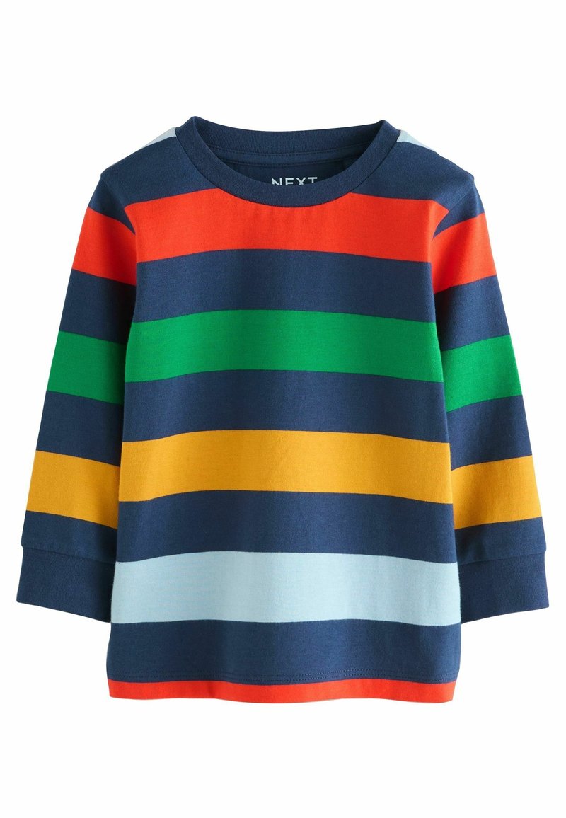Chemise bleu marine à manches longues avec de larges rayures horizontales rouges, vertes, jaunes, bleu clair et orange à l'ourlet.