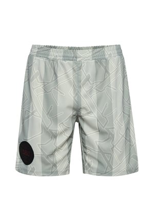 Grå badshorts med ett geometriskt mönster i vitt. Har en elastisk midja och en rund svart logotypapplikation på vänster lår.