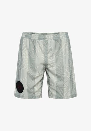Graue Badeshorts mit einem geometrischen Muster in Weiß. Enthält einen elastischen Bund und ein rundes schwarzes Logopatch am linken Oberschenkel.