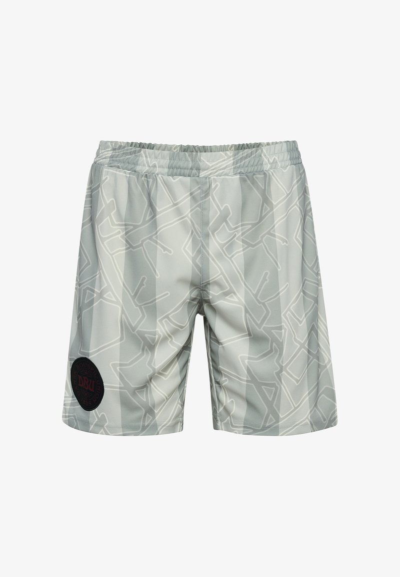 Grå badshorts med ett geometriskt mönster i vitt. Har en elastisk midja och en rund svart logotypapplikation på vänster lår.