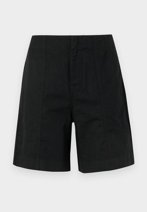 Shorts negri, croiți, dintr-un material ușor, având un design structurat cu linii verticale și o margine dreaptă. Nu au buzunare vizibile.