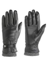 Svarta läderhandskar med en slät yta, en åtsittande design och grå stickade manschetter. Inkluderar en knappdetalj och rynkade detaljer vid handleden.