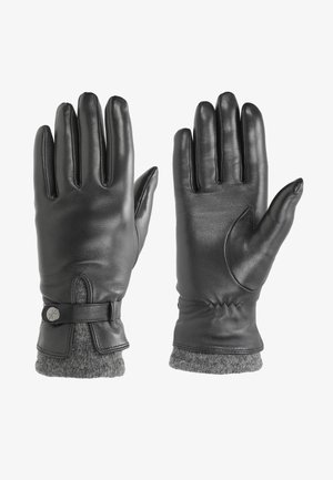 Schwarze Lederhandschuhe mit glatter Textur, passgenauer Form und grauen Strickbündchen. Mit einem Knopfakzent und gerafften Details am Handgelenk.