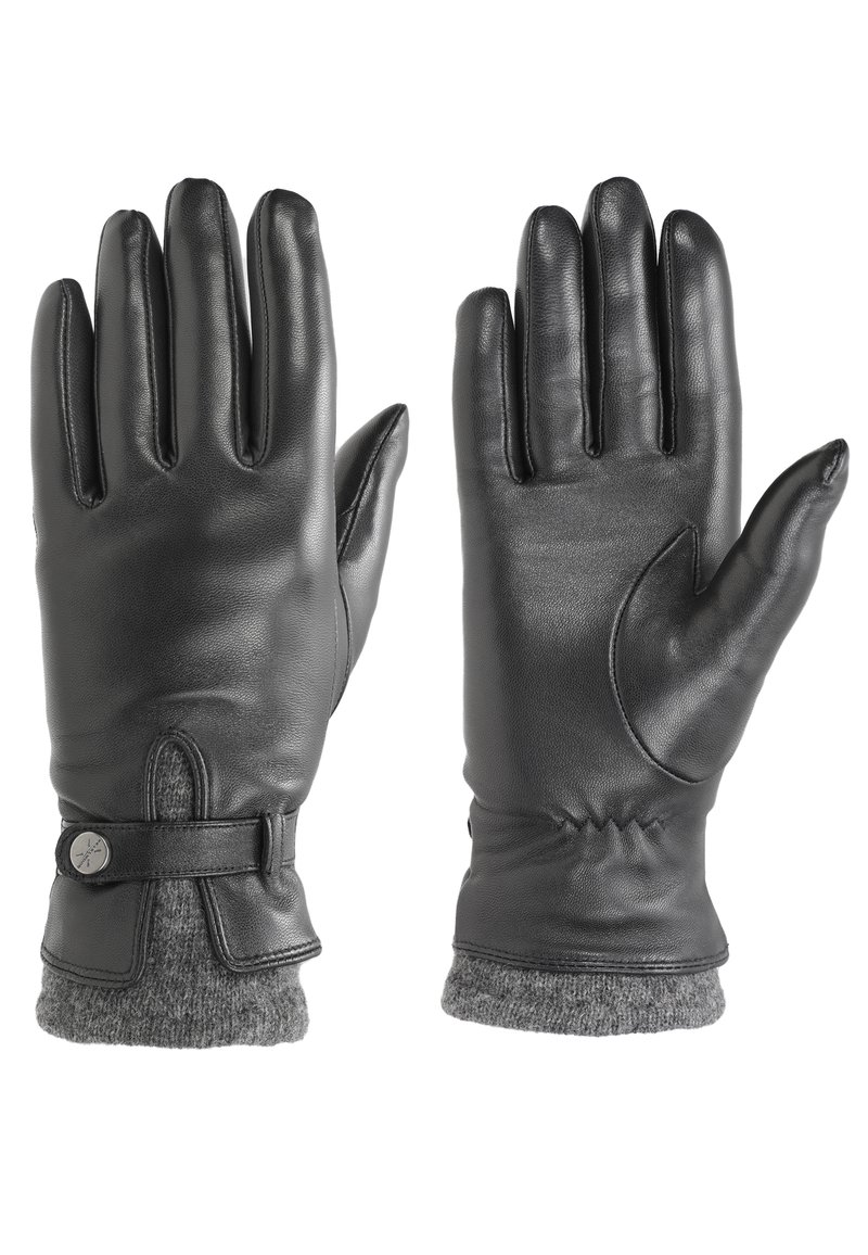 Svarta läderhandskar med en slät yta, en åtsittande design och grå stickade manschetter. Inkluderar en knappdetalj och rynkade detaljer vid handleden.