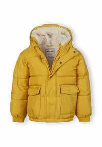 Doudoune jaune avec une doublure en polaire douce, capuche surdimensionnée, boutons-pression et deux poches avant. Poignets et ourlet côtelés.