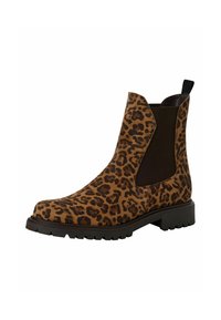 Leopard print ankle boots, featuring a brown and black design, elastic side panels, and a textured rubber sole for grip and durability.