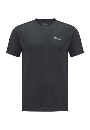 T-shirt corto grigio scuro in misto cotone; presenta un piccolo logo sulla parte superiore sinistra del petto; colletto a girocollo.