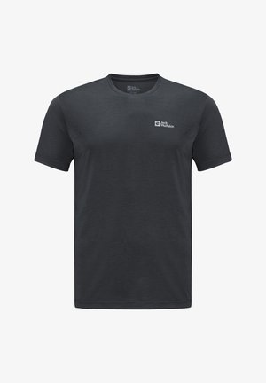 T-shirt corto grigio scuro in misto cotone; presenta un piccolo logo sulla parte superiore sinistra del petto; colletto a girocollo.