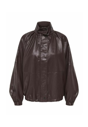Veste en simili cuir marron foncé avec col montant, manches longues bouffantes, boutons-pression à l'avant, ourlet et poignets élastiqués.
