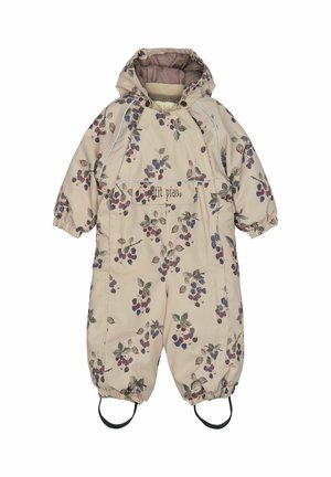 Beige waterdichte sneeuwoverall met een bloemenpatroon in paars en groen, elastische mouwen, verstelbare capuchon en ondervoetsluitingen voor een veilige pasvorm.