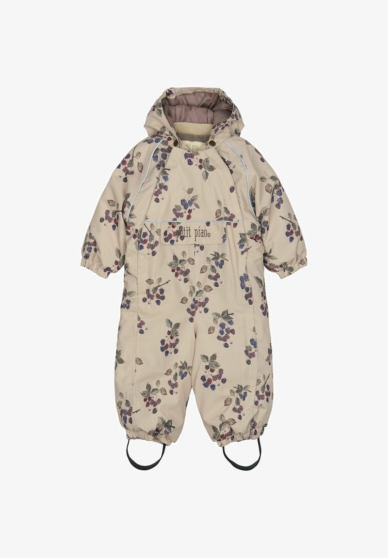 Beživi vodootporni zimski kombinezon s cvjetnim uzorkom u ljubičastoj i zelenoj boji, elastičnim manžetama, podesivom kapuljačom i trakama ispod stopala za sigurno prianjanje.