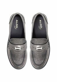 Grey suede loafers with a round toe, decorative stitching, silver hardware accents, and a cushioned insole.