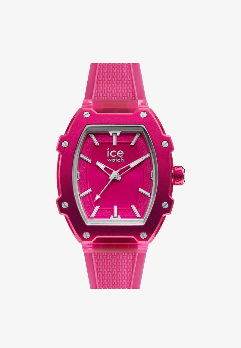 Reloj de silicona rosa con un bisel octagonal, acentos plateados y una correa texturizada. Presenta manecillas audaces y una esfera clara y vívida.