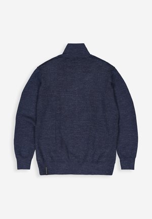 Marineblauwe, textured pullover met hoge kraag, ribgebreide manchetten en zoom. Effen achterkant zonder zichtbare logo's of patronen.