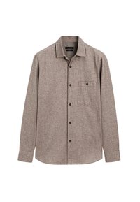 Brun, knap-op skjorte lavet af tekstureret stof; har krave og en enkelt brystlomme med sorte knapper. Lange ærmer.