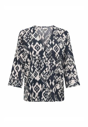 Navy and white patterned blouse with a V-neck, 3/4 sleeves, and a loose fit, featuring an abstract geometric design. Soft, lightweight fabric.