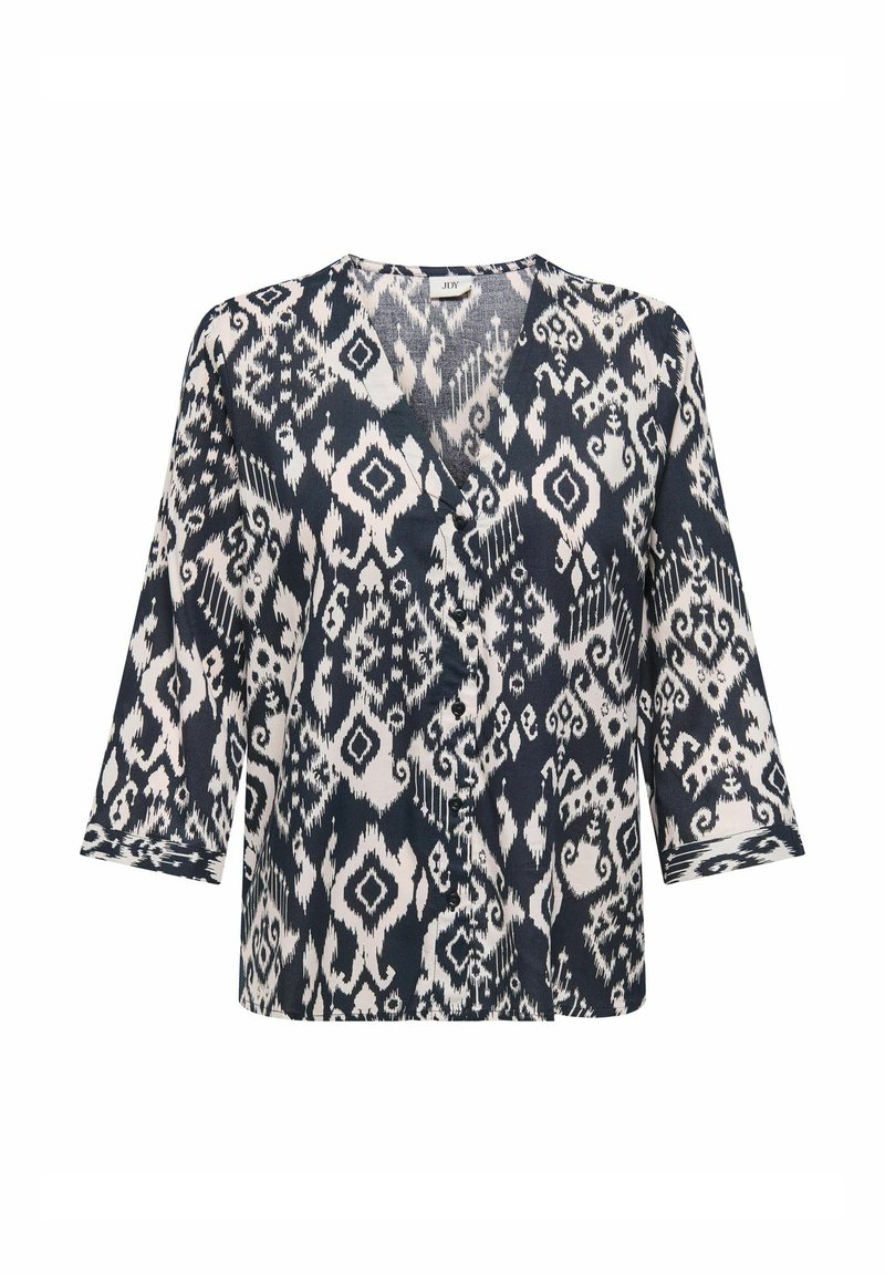 Marineblau-weiße blouse mit einem V-Ausschnitt, 3/4-Ärmeln und lockerer Passform, die ein abstraktes geometrisches Design aufweist. Weicher, leichter Stoff.