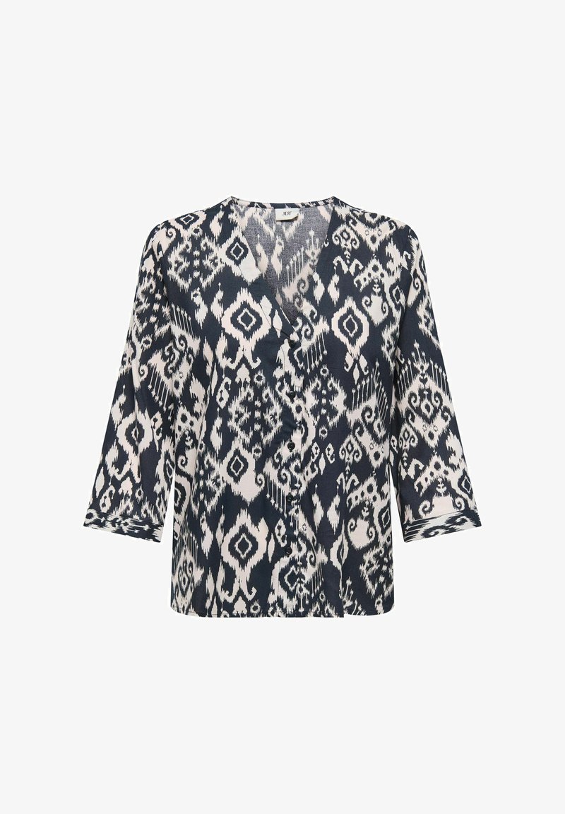 Marineblau-weiße blouse mit einem V-Ausschnitt, 3/4-Ärmeln und lockerer Passform, die ein abstraktes geometrisches Design aufweist. Weicher, leichter Stoff.