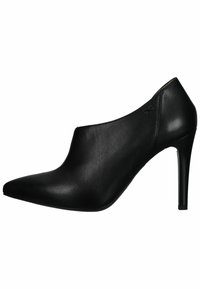 Scarpa nera con tacco alto e punta affilata, realizzata in pelle liscia, con un design a taglio e un elegante tacco a stiletto.