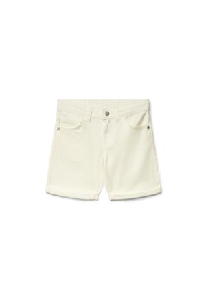 Shorts in denim color avorio con bottone frontale, cerniera, passanti per cintura e due tasche anteriori con dettagli in rivetto.