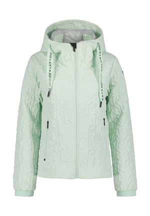 Lichtgroene gestructureerde jas met capuchon, ritssluiting aan de voorkant, zijzakken met rits en trekkoorden met label "Luhta Sport" op een effen witte achtergrond.