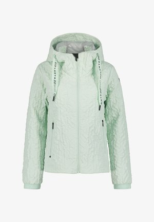 Veste texturée vert clair avec capuche, fermeture éclair devant, poches latérales zippées et cordons étiquetés "Luhta Sport" sur fond blanc uni.