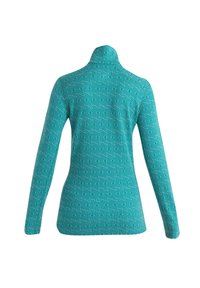 Langärmliges teal-farbenes Oberteil mit wiederholtem weißen Logo-Muster, hohem Kragen und einer taillierten Passform, die sich sowohl für das Layering als auch für Sportbekleidung eignet.