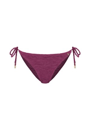 Purple bikini bottom with textured fabric, ties at the sides, and gold hardware accents. Features a wave pattern for added detail.