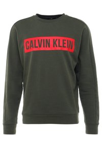 Felpa verde oliva con scollatura nera a girocollo. Presenta un logo rettangolare rosso audace con la scritta “CALVIN KLEIN” in nero sul davanti.
